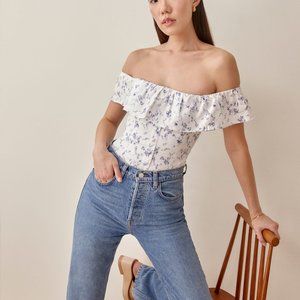 Reformation Top Grapefruit Linen Off-The-Shoulder Cottagecore Boho White
